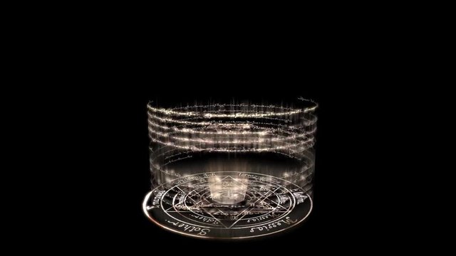 rotating incantation & rune around witchcraft pentagram baphomet,dazzling energy rays light.
