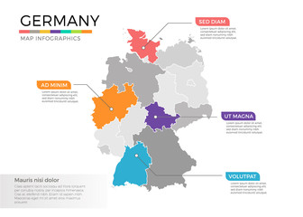 Germany map infographics vector template with regions and pointer marks