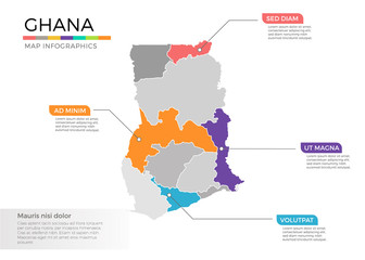 Ghana map infographics vector template with regions and pointer marks