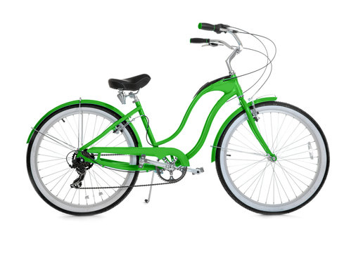 Modern two-wheeled bicycle on white background