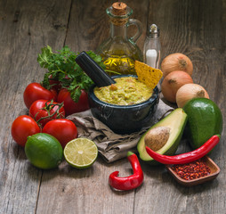 Bowl of delicious homemade Guacamole with nachos