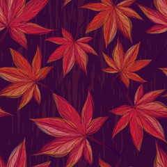 Autumnal seamless pattern with maple leaves on dark background