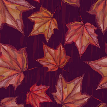 Autumnal seamless pattern with maple leaves on dark background