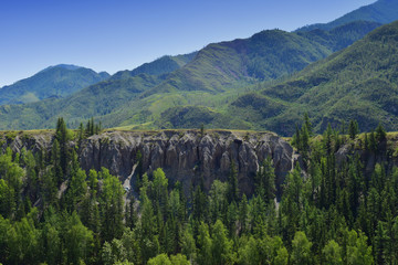 Steep, green hills and forest in Altai mountains. Altay Republic, Siberia, Russia.