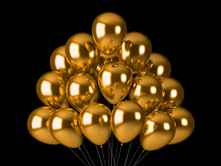 Golden luxury balloons isolated on black background, 3d 