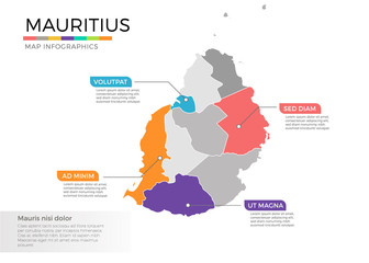 Mauritius map infographics vector template with regions and pointer marks