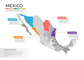 Mexico map infographics vector template with regions and pointer marks