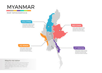 Myanmar map infographics vector template with regions and pointer marks