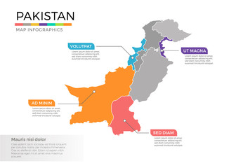 Pakistan map infographics vector template with regions and pointer marks