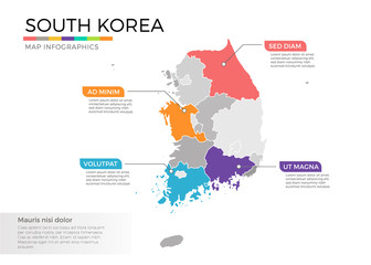 South Korea map infographics vector template with regions and pointer marks