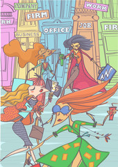 Colorful vector illustration with group of stylish women walking on business street.
