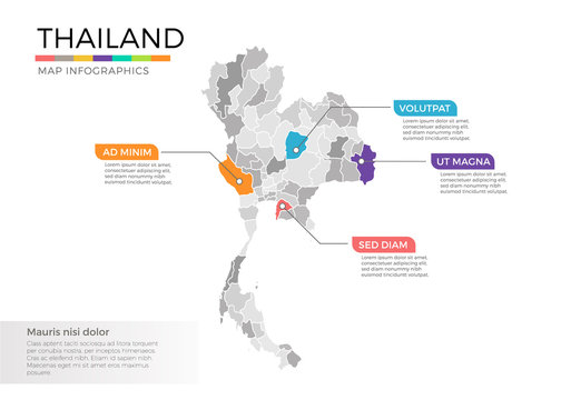 Thailand map infographics vector template with regions and pointer marks