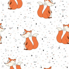 Hand drawn seamless pattern with cute foxes. vector print.