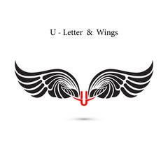 Obraz premium U-letter sign and angel wings.Monogram wing logo mockup.Classic emblem.Elegant dynamic alphabet letters with wings.Creative design element.Corporate branding identity.Flat web design wings icon.