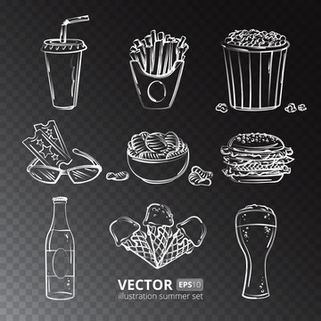 Fast food vector icons isolated on transparent background. Summer set illustrations - ticket, 3d glasses, ice cream, bottle, glass of beer, french fries, chips, popcorn and hamburger