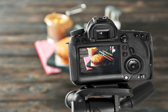 Professional camera on tripod during food photographing