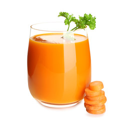 Glass of homemade carrot juice on white background