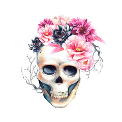 Watercolor floral skull. Hand drawn design element with succulents, peonies and branches isolated on white background. Halloween illustration