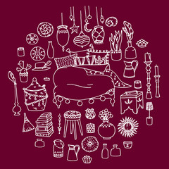 Vector set of furniture of bedroom. Boho style. Hand-drawn