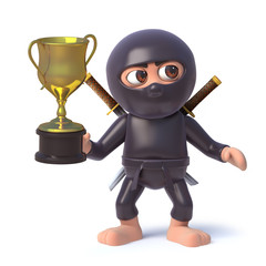3d Funny cartoon ninja assassin warrior character holding a gold cup trophy award © Steve Young