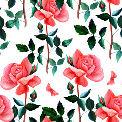 Seamless pattern with watercolor red rose and butterfly