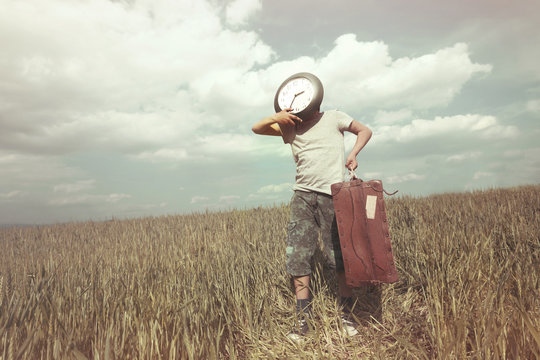 Surreal image of young boy making a trip over time