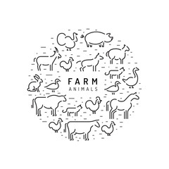 Vector farm animals silhouettes outline isolated on white, round banner.