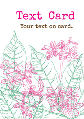 Pink flower card design. Pink and brown text on flower line background is vector.