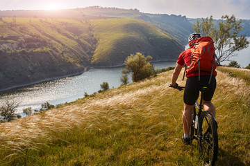 Fototapeta premium Young cyclist riding bicycle on the road on green field.