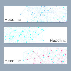 Fototapeta premium Scientific set of modern vector banners. DNA molecule structure with connected lines and dots. Science vector background. Medical, tecnology, chemistry design.