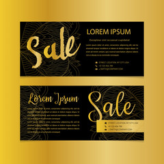 Golden banners. Gold text. Gift, luxury, card, vip exclusive certificate privilege voucher store present shopping sale