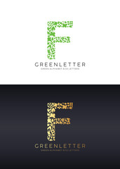 Green letter F logo template with green leafs. Eco design element. Vector illustration. 