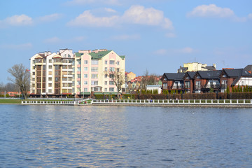 Urban view with new houses on the bank of the Top lake. Kaliningrad