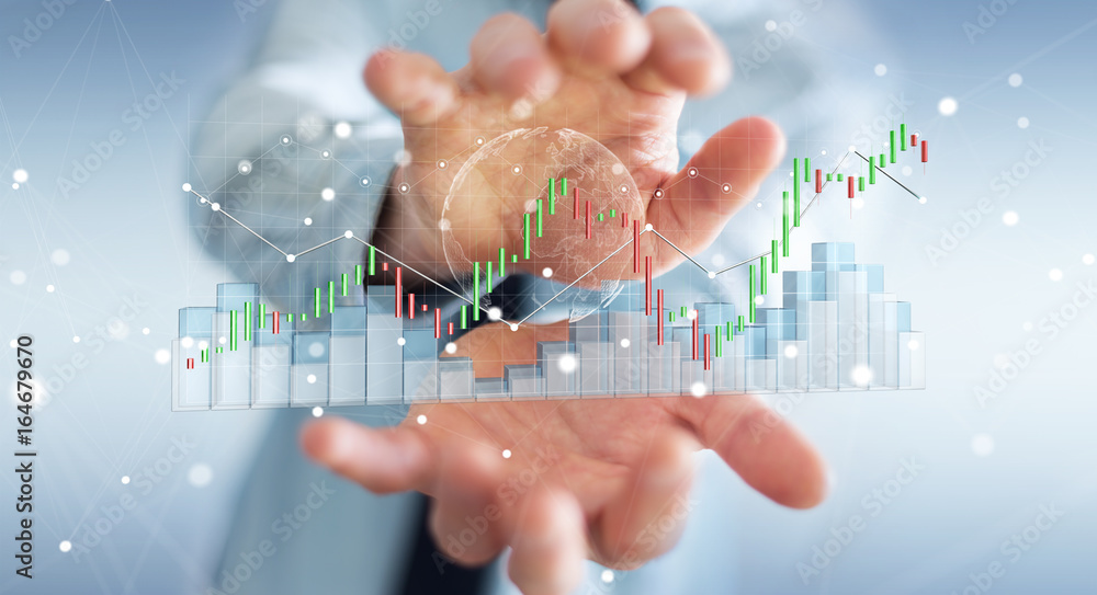 Poster businessman using digital 3d rendered stock exchange stats and charts