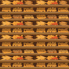 Seamless pattern bakery shelf with bread in supermarket, big choice of fresh products sale in food shop interior, store vector illustration