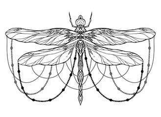 Black and white dragonfly illustration with boho pattern and beads. Vector element for sketching tattoos, printing on T-shirts, postcards and your creativity