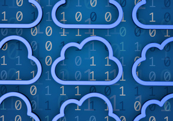 Cloud computing concept. Blue cloud shape on a binary code background. 3D Rendering