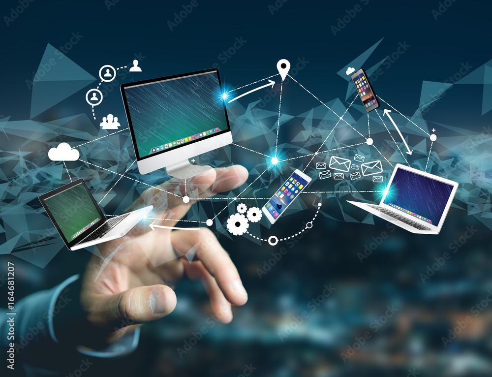 Poster Computer and devices displayed on a futuristic interface with interantional network - Multimedia and technology concept