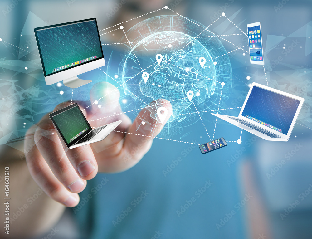 Poster computer and devices displayed on a futuristic interface with interantional network - multimedia and