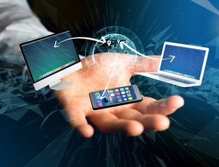 Computer and devices displayed on a futuristic interface with interantional network - Multimedia and technology concept