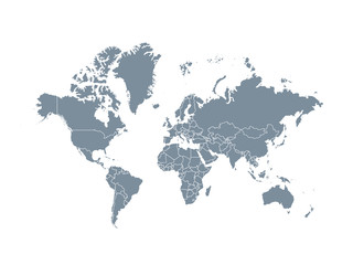 Fototapeta na wymiar Gray World map political, isolated on white background.