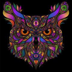 Vector head of an owl of colored abstract patterns on a black background