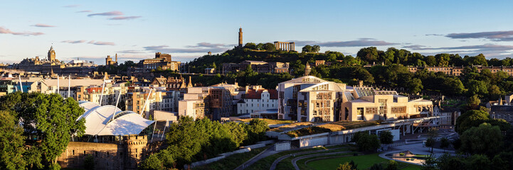 Panoramic view of Edinburgh Skyline at sunrise, with the iconic Calton Hill in the background....