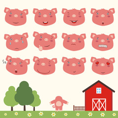 Emoticons set face of pig in cartoon style. Collection isolated heads of pig in different emotion and his body on meadow with trees.