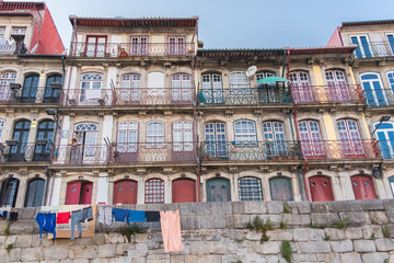 Porto in Portugal, typical houses with view on the river, linen which dries
