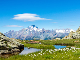 Green grass and mountain lake in Valtellina