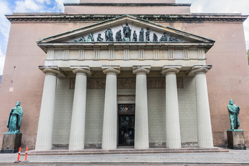 View of Vor Frue Kirke (Church of Our Lady, 1829) - cathedral of Copenhagen. Cathedral was designed by architect Christian Frederik Hansen in neoclassical style. Copenhagen, Denmark.