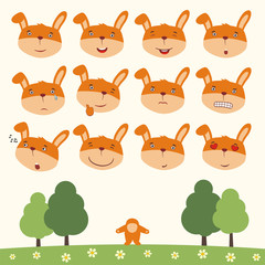 Emoticons set face of bunny rabbit in cartoon style for easter design. Collection isolated heads of bunny rabbit in different emotion and his body on meadow with trees.