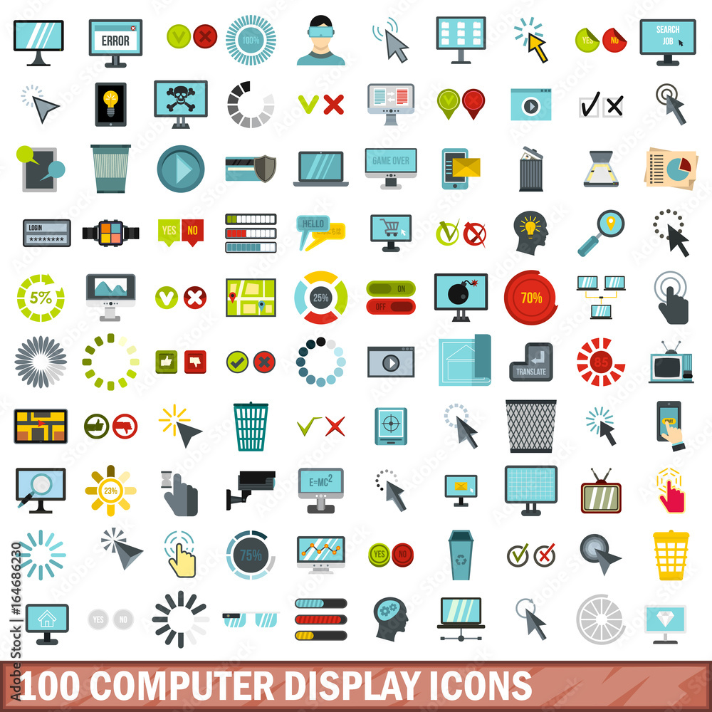 Poster 100 computer display icons set, flat style