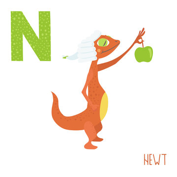 Vector cute kids animal alphabet. Letter N for the Newt